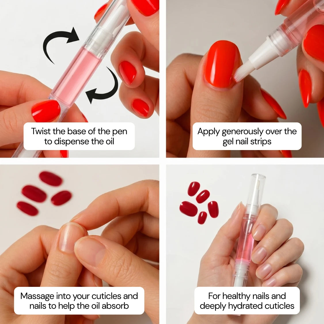 Step-by-step guide on using a nail care product with text instructions.